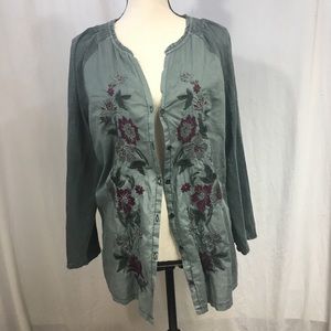 Floral Embroidered Button Up Long Sleeve Blouse